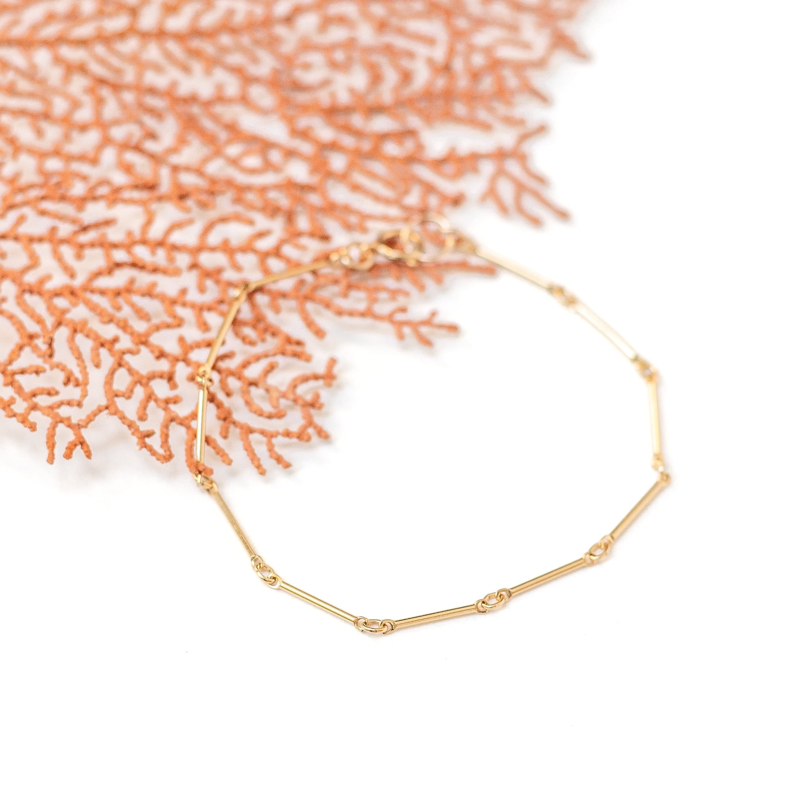 dainty gold bracelet with stick chain. Shown on a piece of coral. 