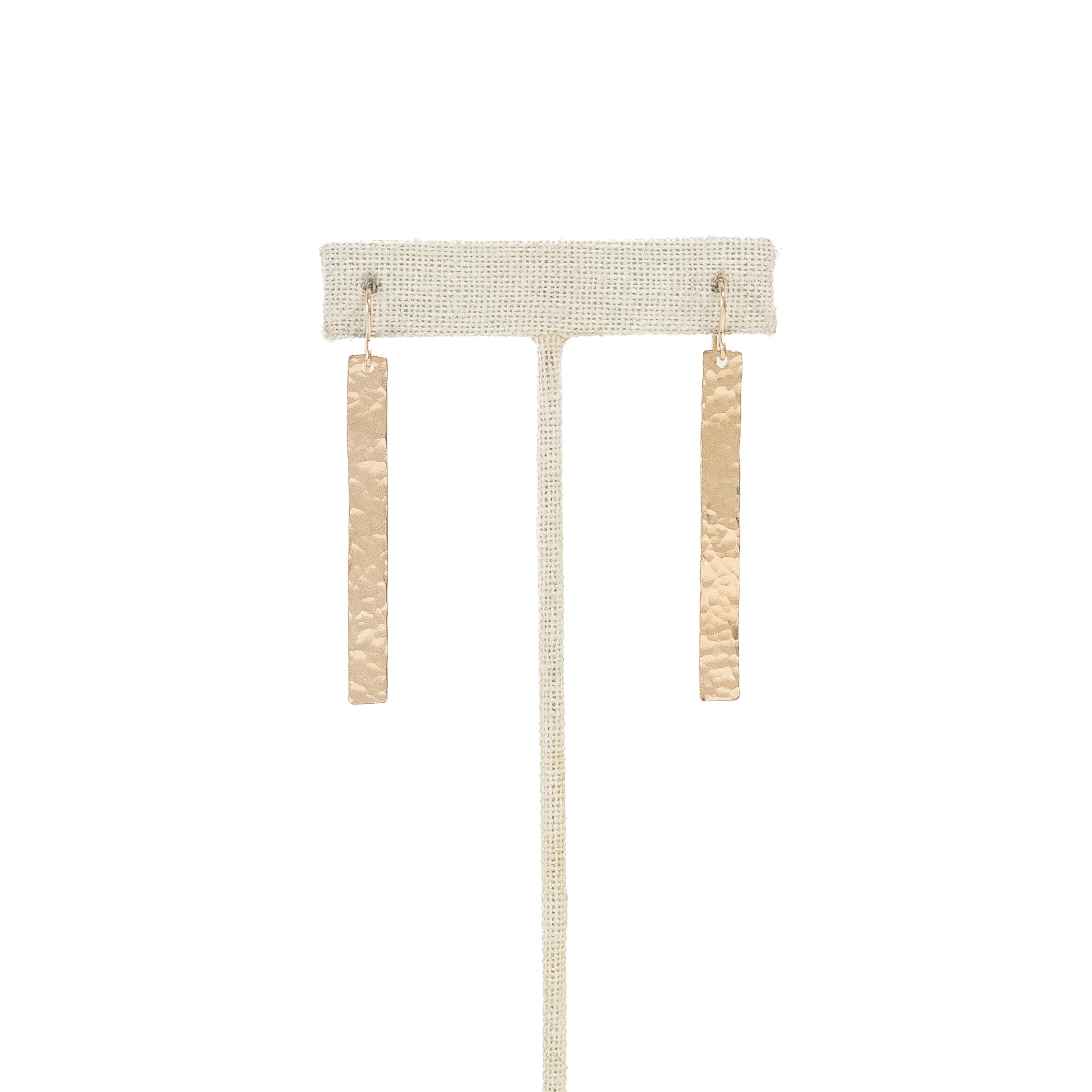 Two inch long hammered gold bar dangle earrings