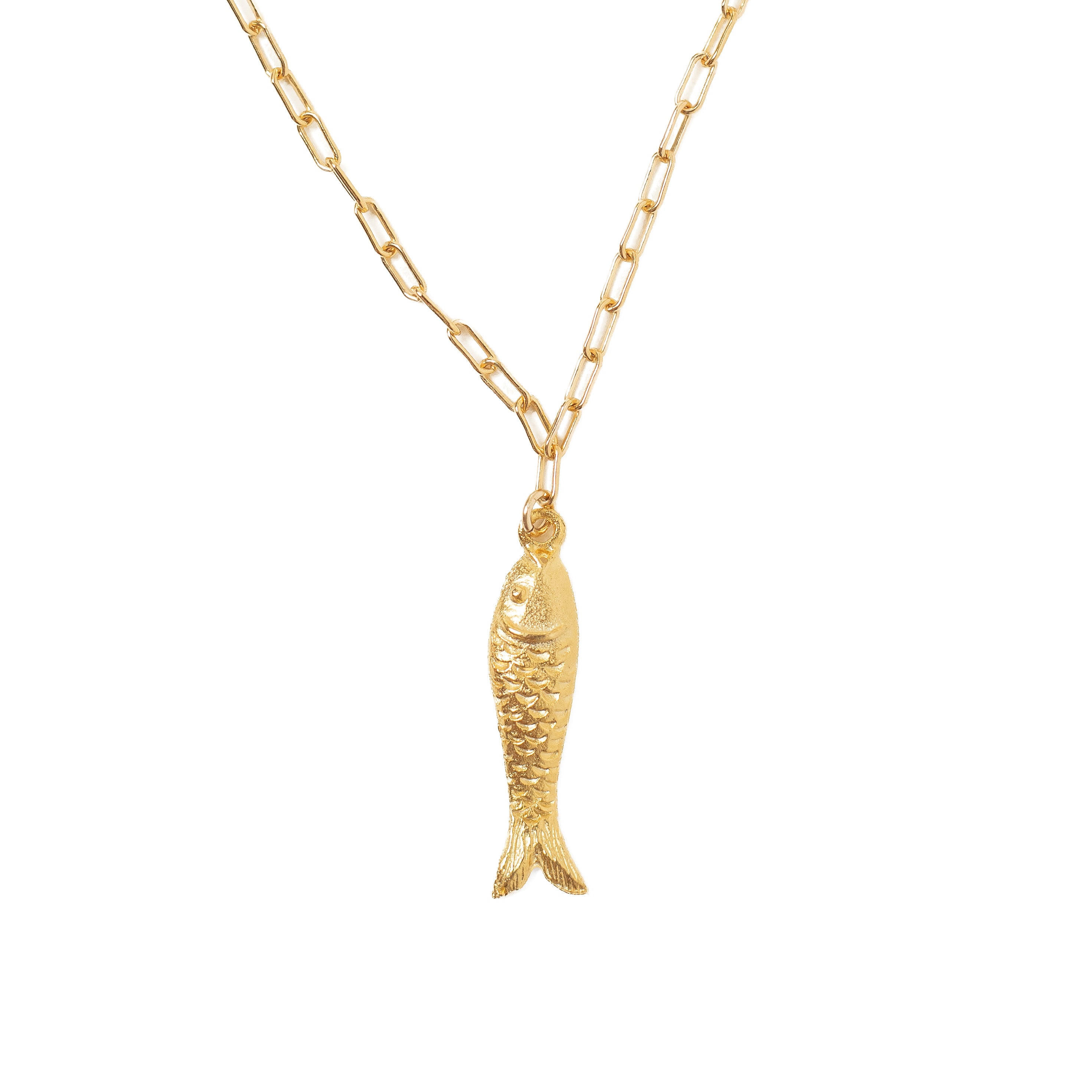 Gold fish pendant one inch long dangling from gold filled paperclip chain