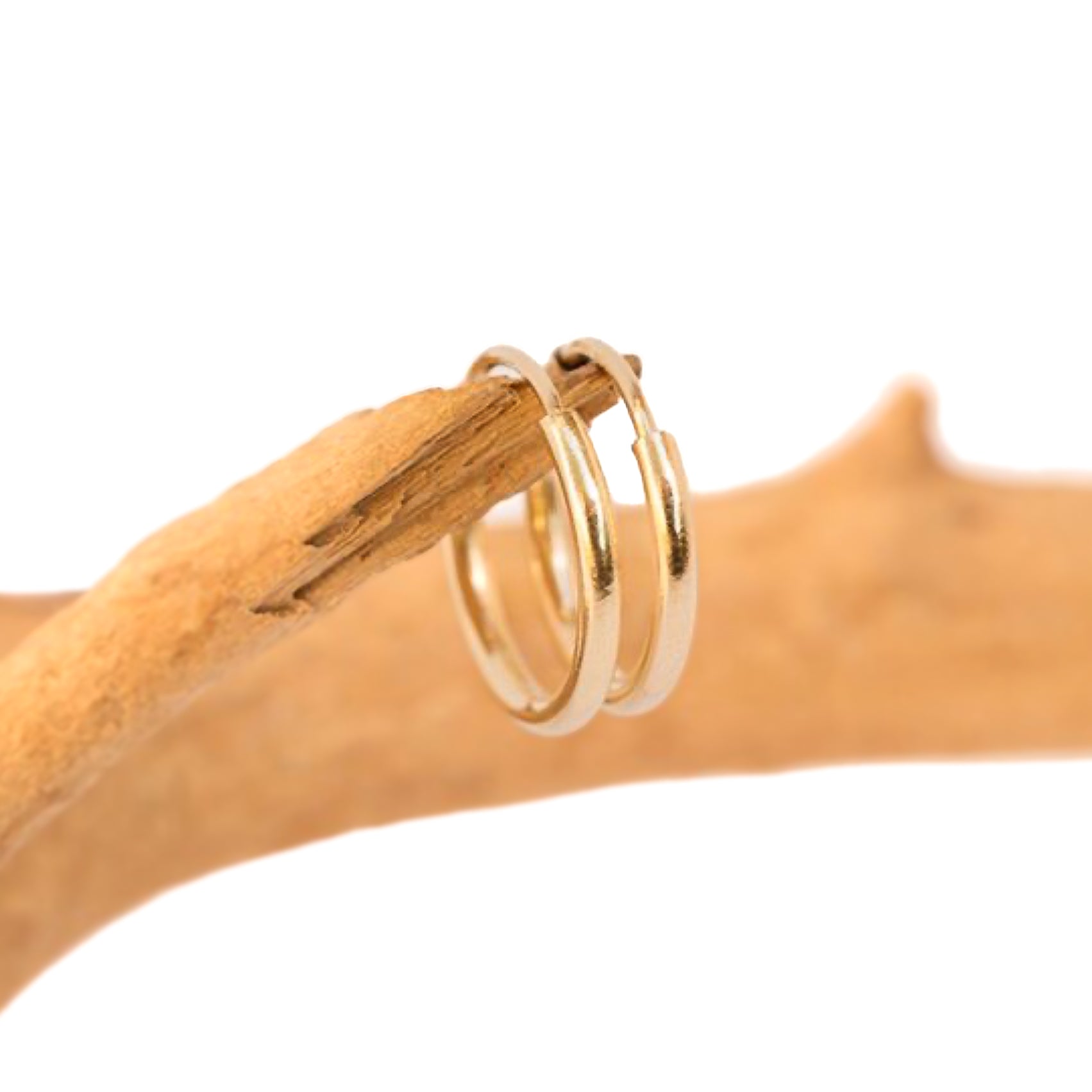 Two tiny gold filled hoops the size of a dime. shown on a piece of drift wood.