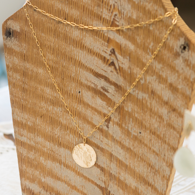 Mini paperclip choker layered with an 18 inch paperclip chain necklace with a gold filled medallion circle.