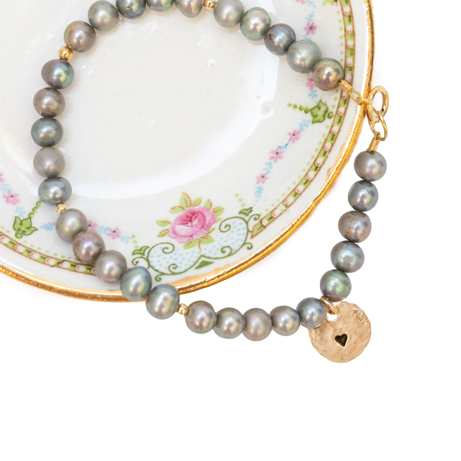 Grey Pearl and Heart Charm Bracelet