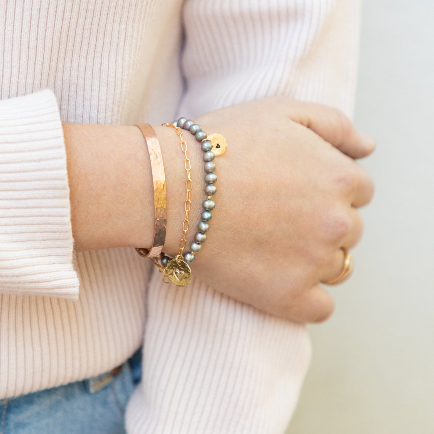 Grey Pearl and Heart Charm Bracelet