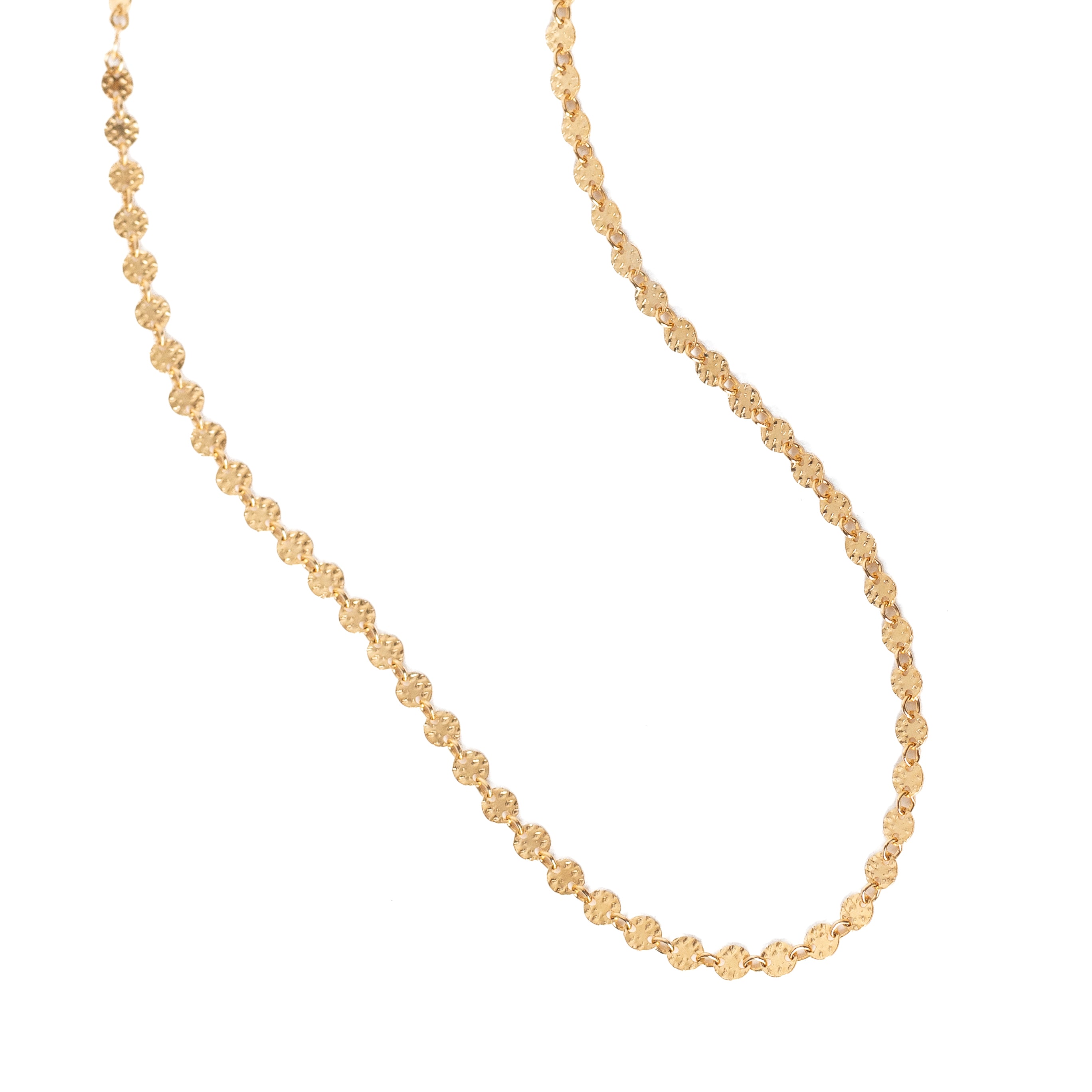 14k gold-filled chain made up of tiny textured discs. Available in 15", 16" or 18".