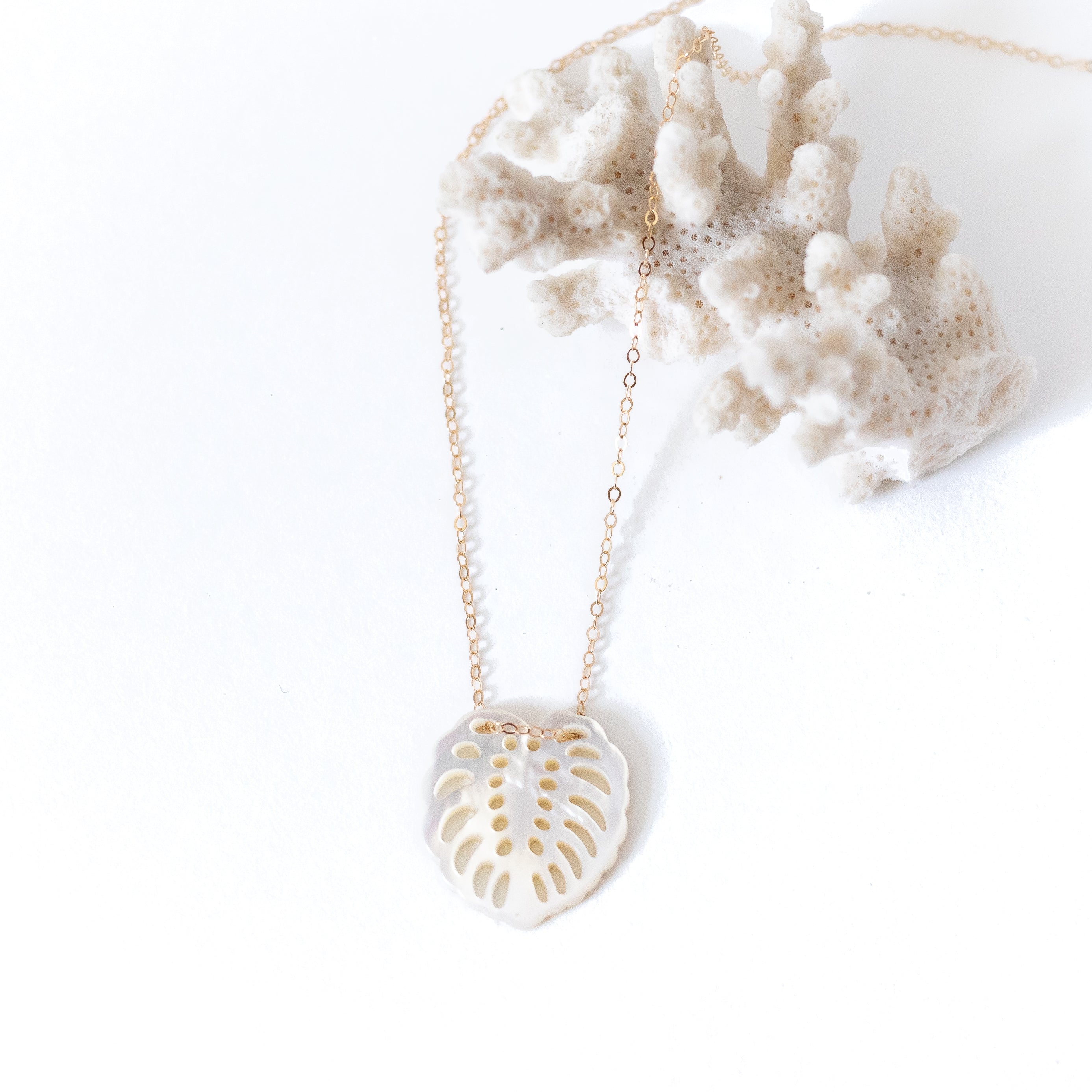 Mother of pearl monstera with a gold chain looped through it. shown on a piece of coral. 