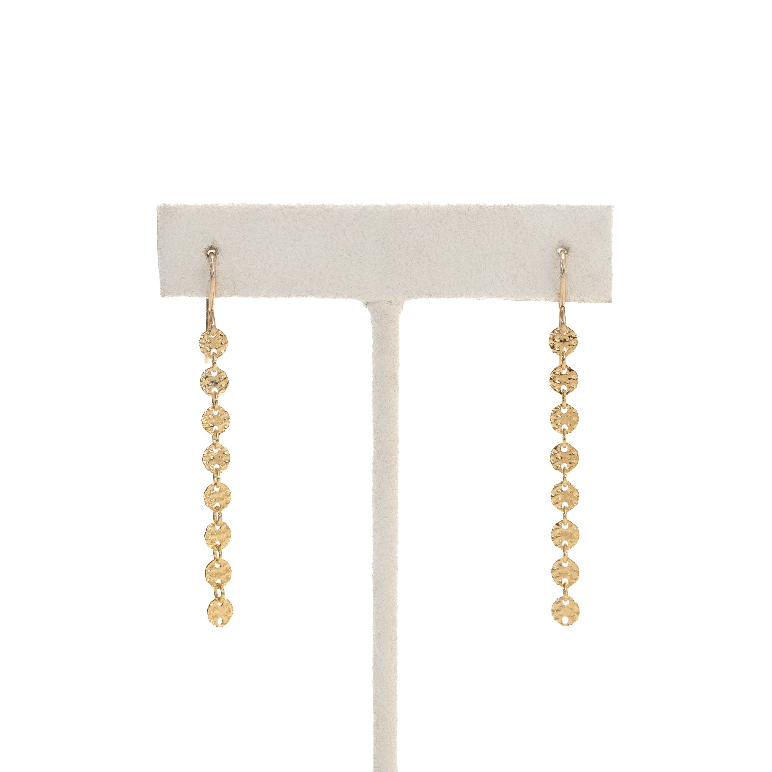 Gold filled dangle disco chain earrings. The chain is tiny circles and the earrings have eight circles hanging. They’re about 2 inches.