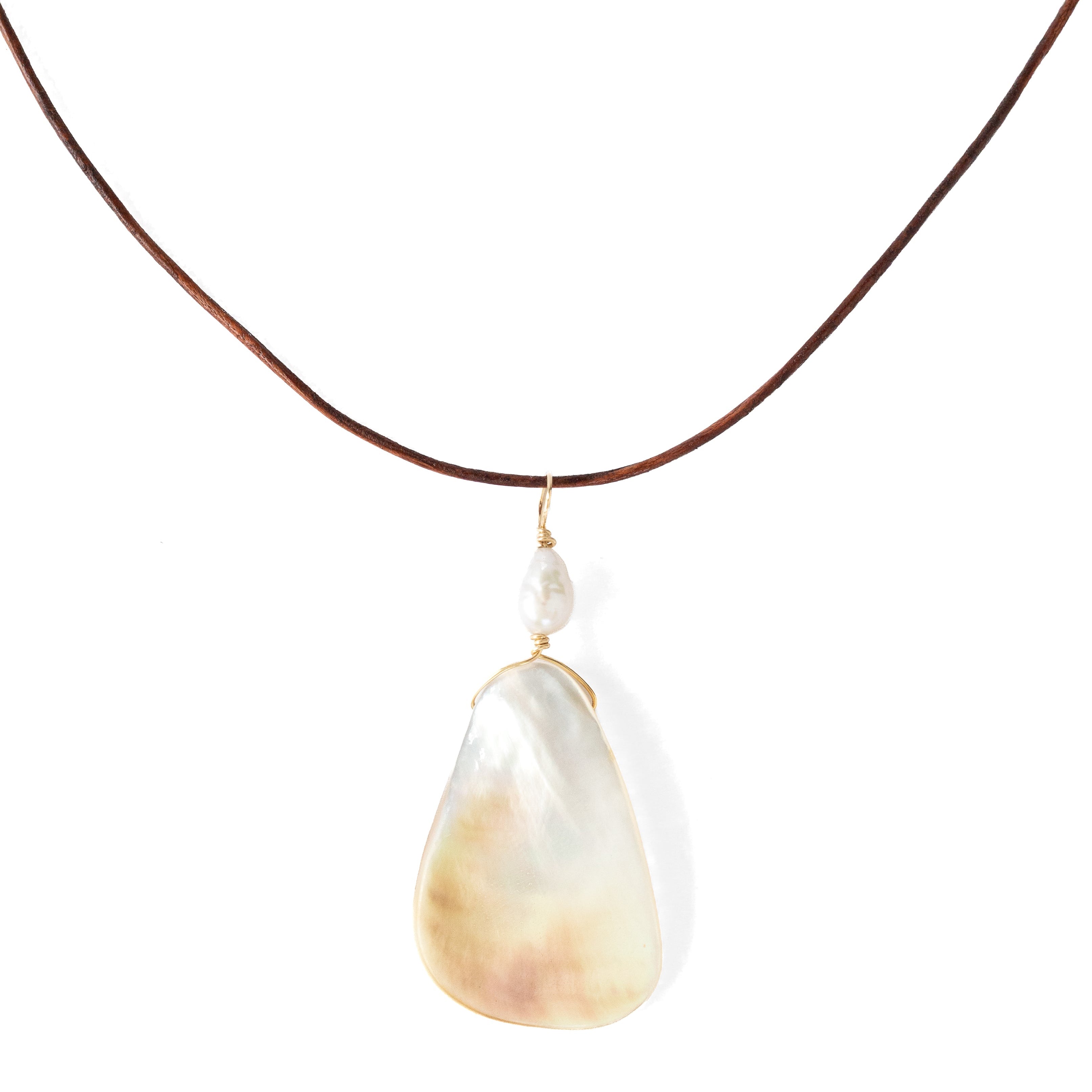 A delicate brown cord necklace featuring a teardrop-shaped mother-of-pearl pendant with a small clear teardrop bead and gold-tone metal accents, shown against a plain white background.