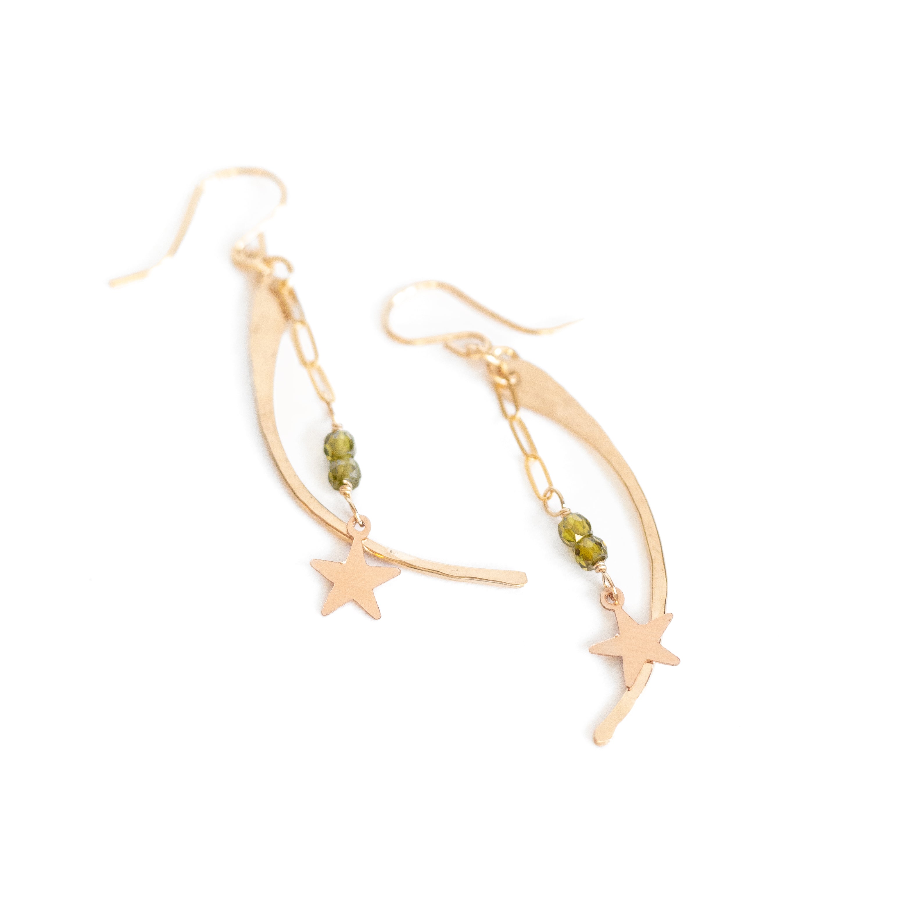 14k gold-filled moons with rose gold stars and green garnet hanging from gold chain. On gold-filled ear wire. About 2" in length.
