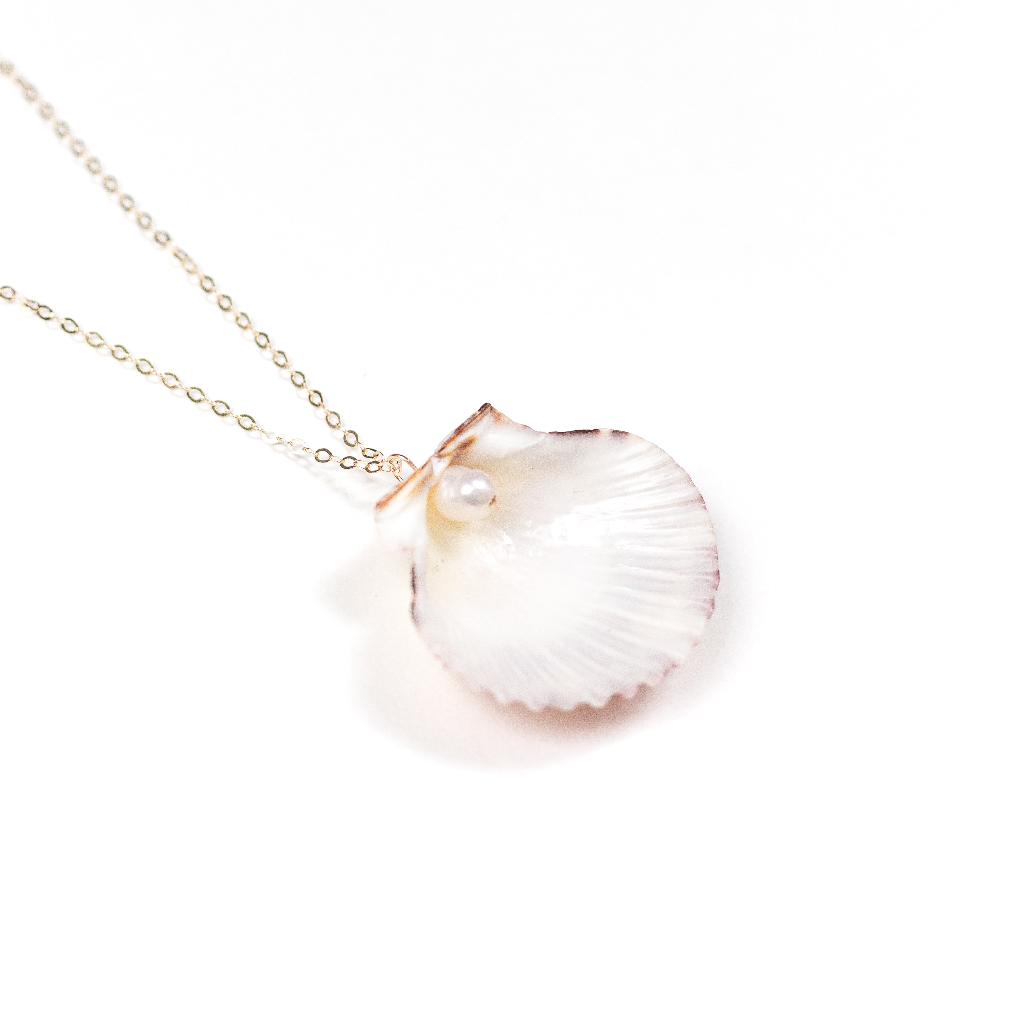 The inside of our seashell with a pearl shown on our gold chain. 