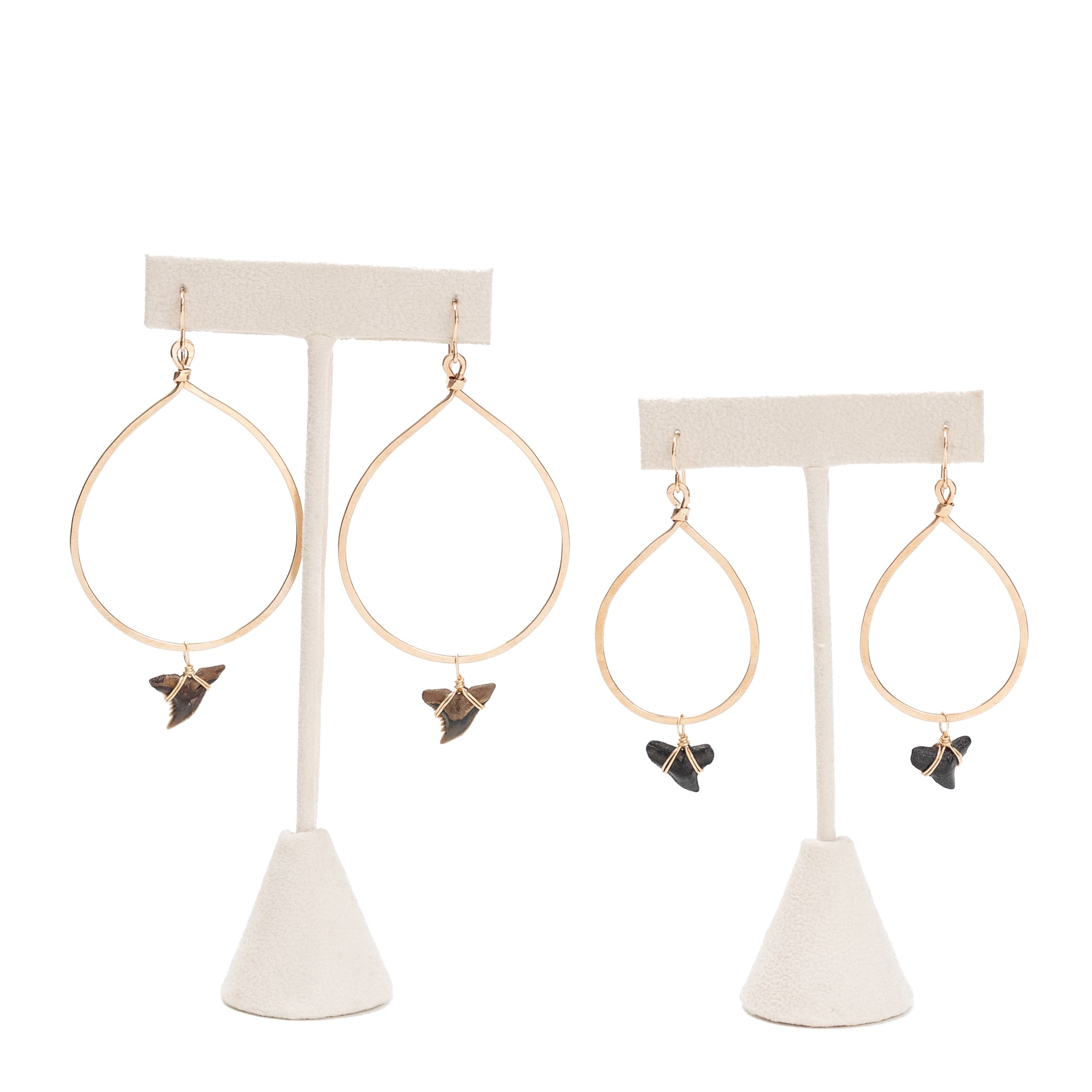 Two pairs of gold hand hammered hoops with shark teeth attached to them with gold wire. The left pair is larger and the right pair is smaller hoops. Each displayed on an earring post. 