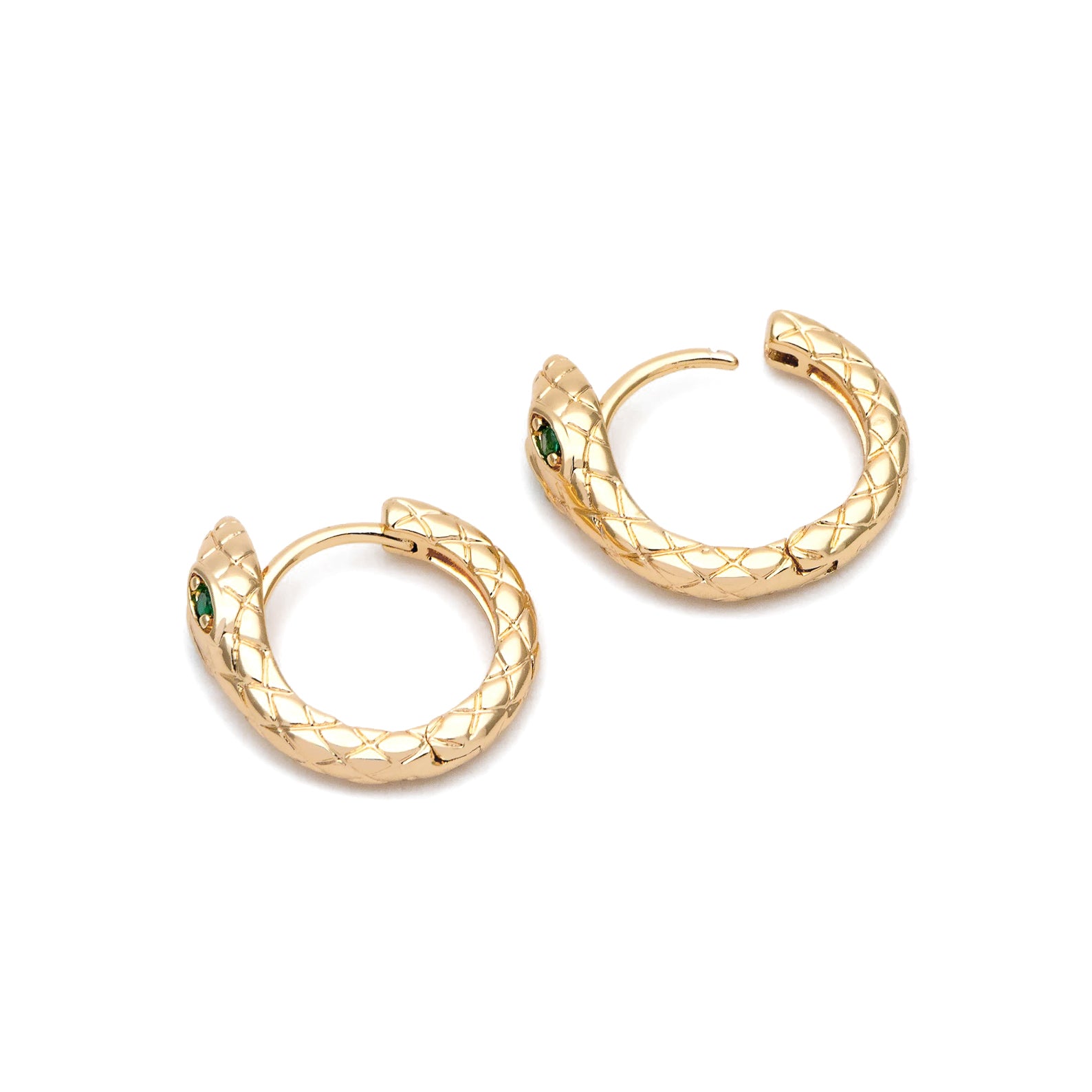 Gold plated snake huggie hoop earrings with green stones as the eyes. 