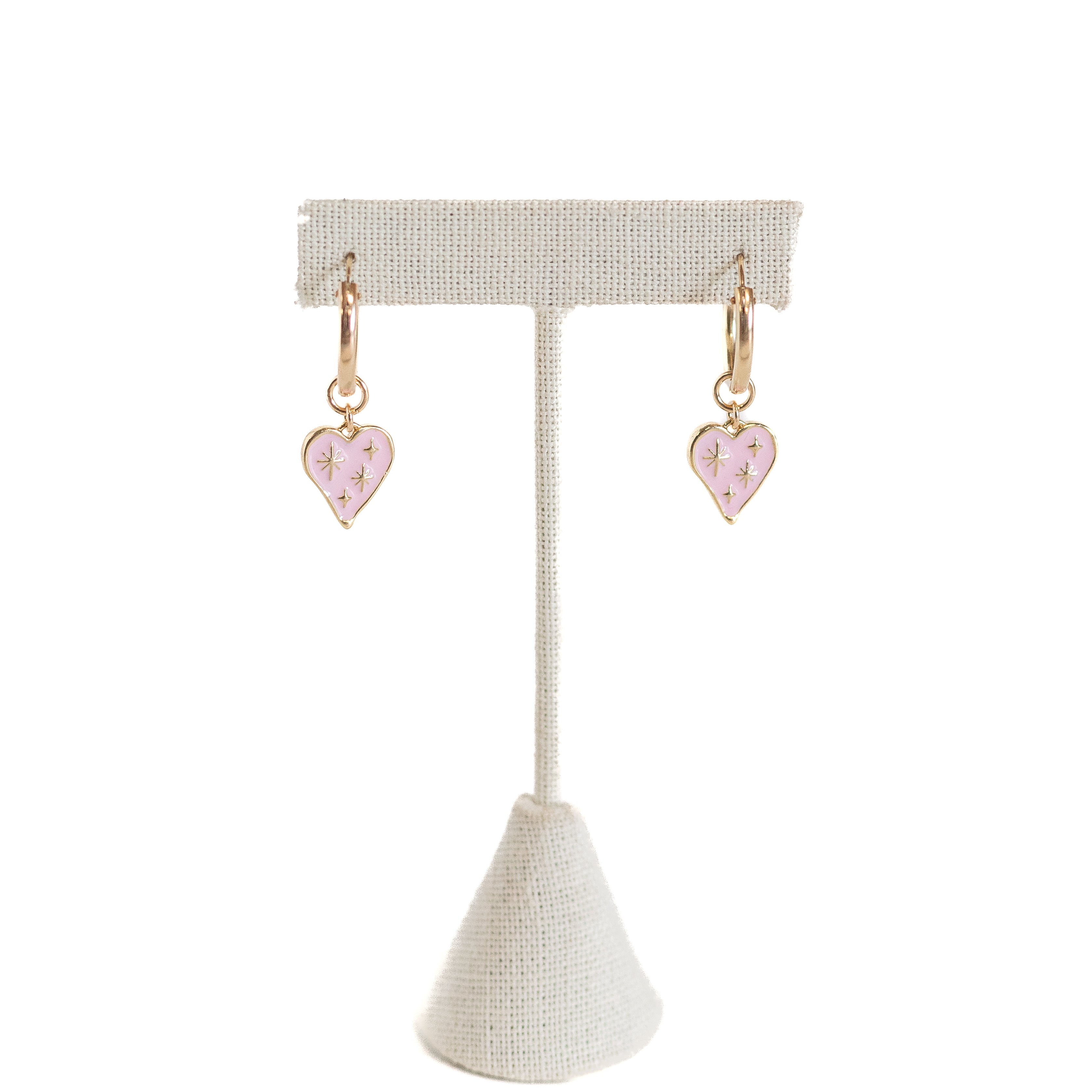 Pink heart charms on a gold hoop.